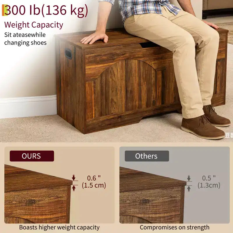 Coffre de rangement en bois de 99,8 cm avec poignée découpée en U, charnière de sécurité, supporte 136 kg et assemblage facile pour organisateur de jouets