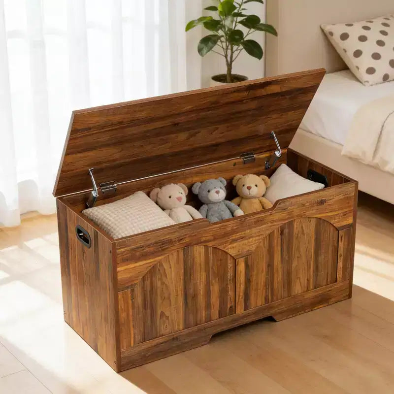 Coffre de rangement en bois de 99,8 cm avec poignée découpée en U, charnière de sécurité, supporte 136 kg et assemblage facile pour organisateur de jouets