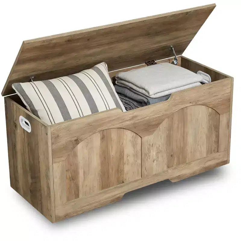 Coffre de rangement en bois de 99,8 cm avec poignée découpée en U, charnière de sécurité, supporte 136 kg et assemblage facile pour organisateur de jouets