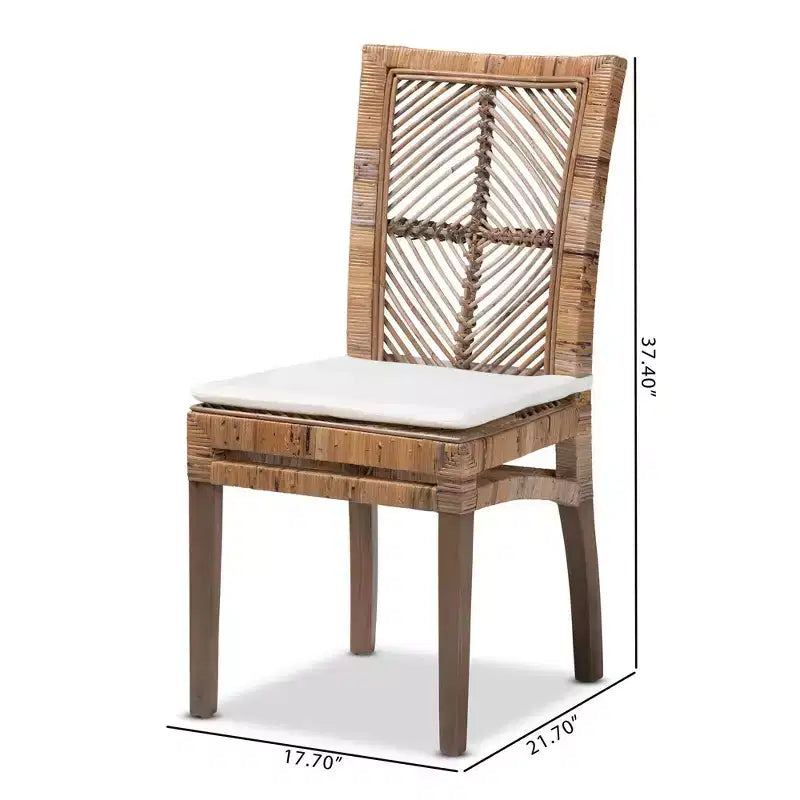 Chaise de salle à manger en rotin et acajou avec coussin gris/blanc