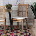 Chaise de salle à manger en rotin et acajou avec coussin gris/blanc