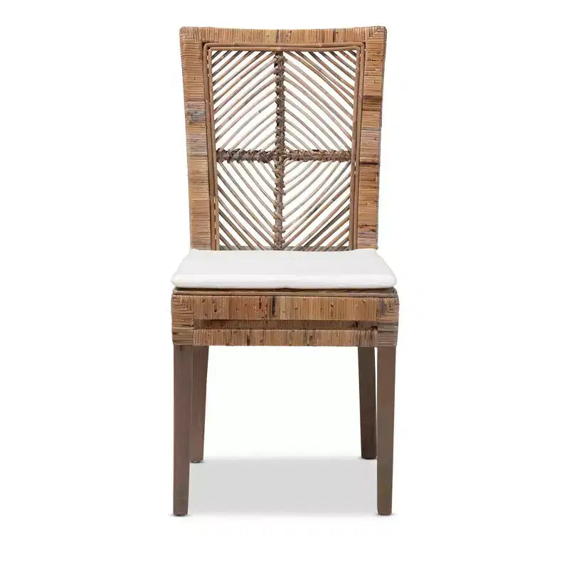 Chaise de salle à manger en rotin et acajou avec coussin gris/blanc