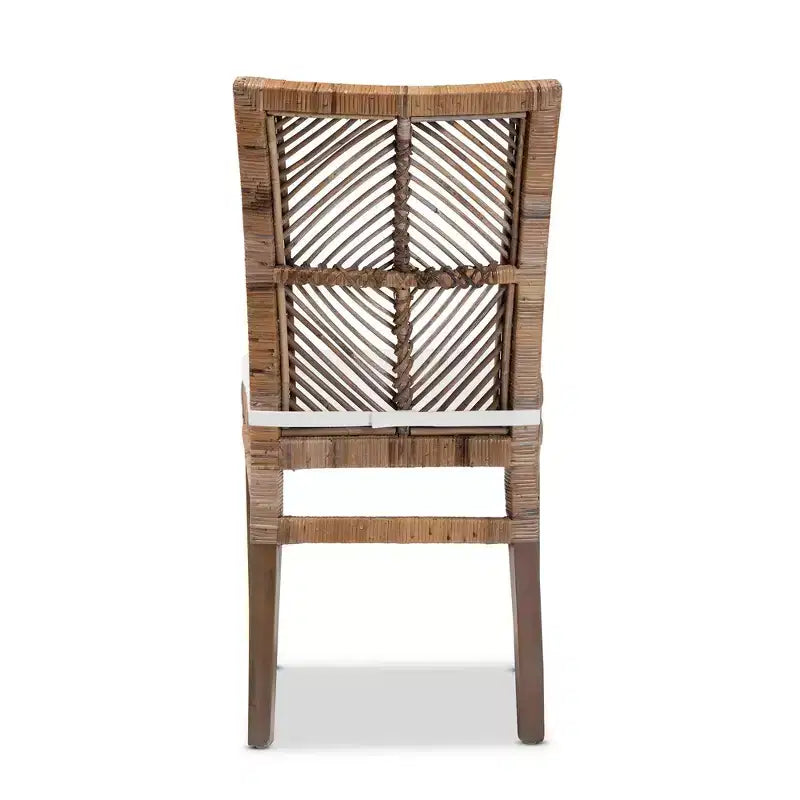 Chaise de salle à manger en rotin et acajou avec coussin gris/blanc