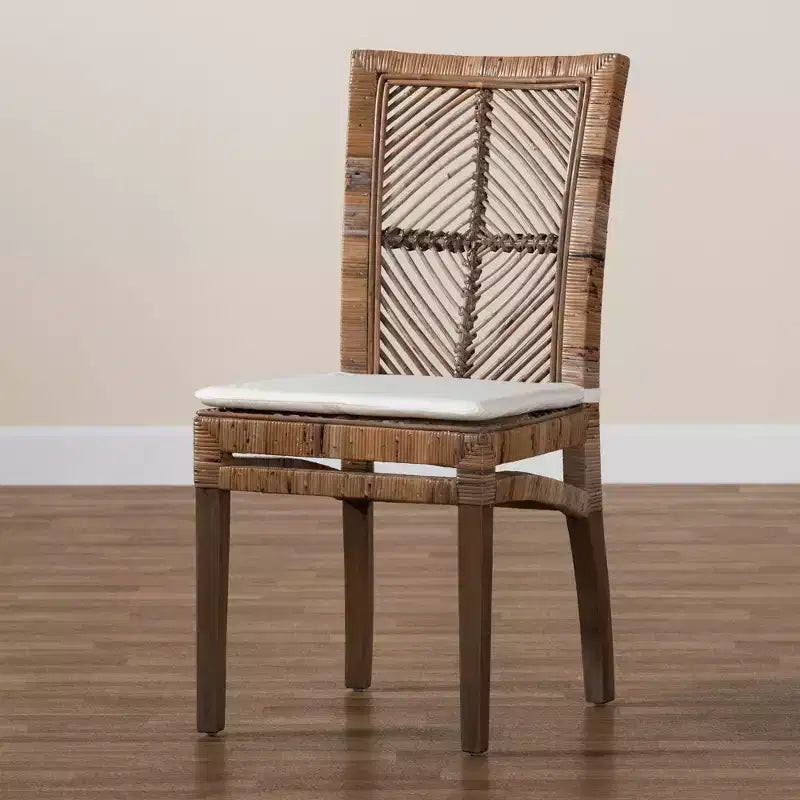 Chaise de salle à manger en rotin et acajou avec coussin gris/blanc