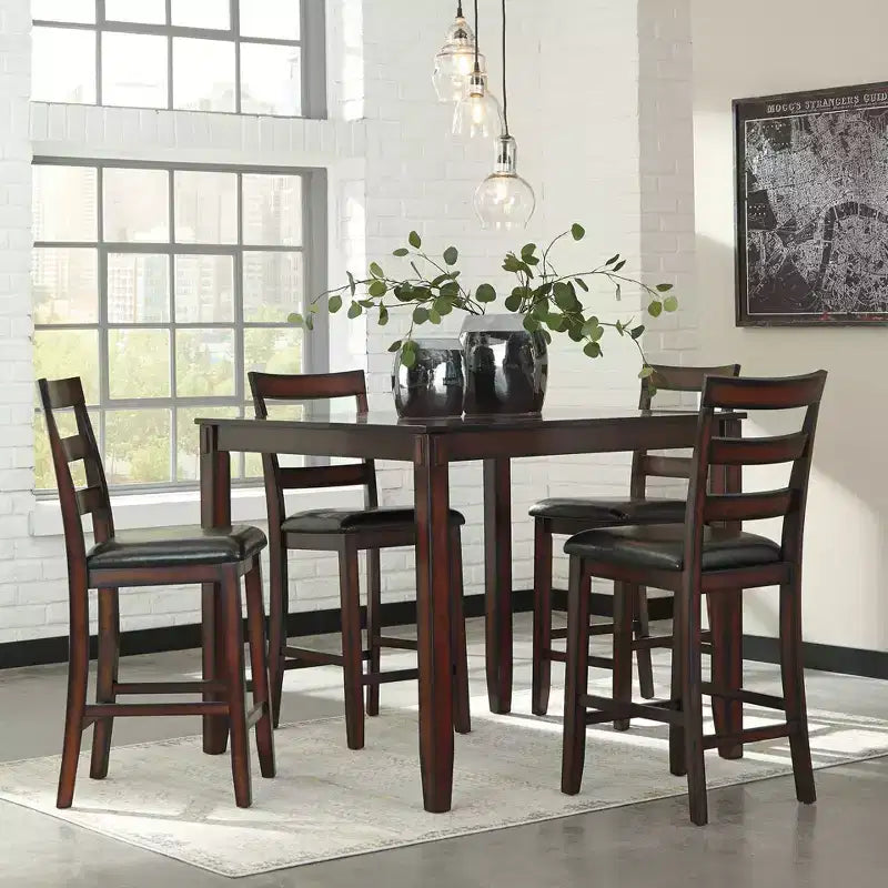Table de salle à manger hauteur comptoir marron : 5 pièces, chaises en similicuir, cadre en bois