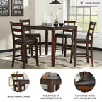 Table de salle à manger hauteur comptoir marron : 5 pièces, chaises en similicuir, cadre en bois