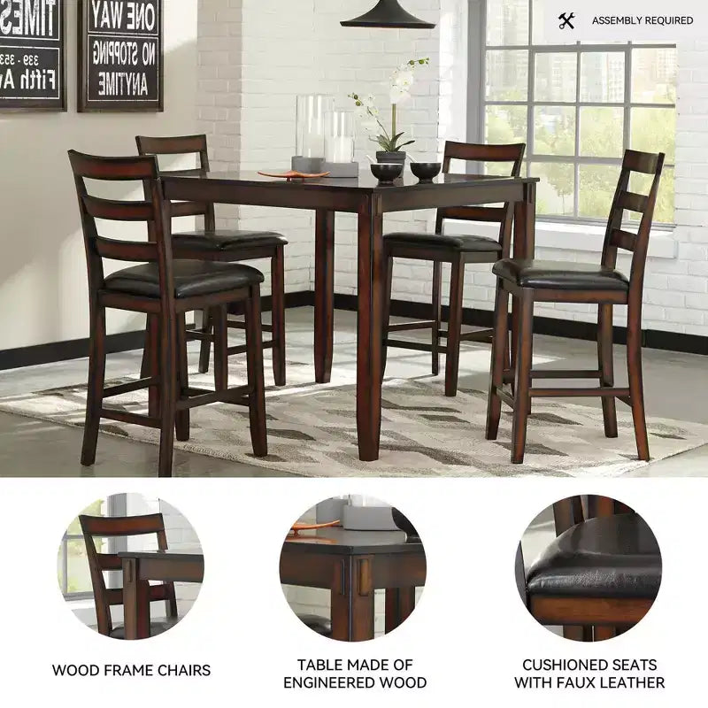Table de salle à manger hauteur comptoir marron : 5 pièces, chaises en similicuir, cadre en bois