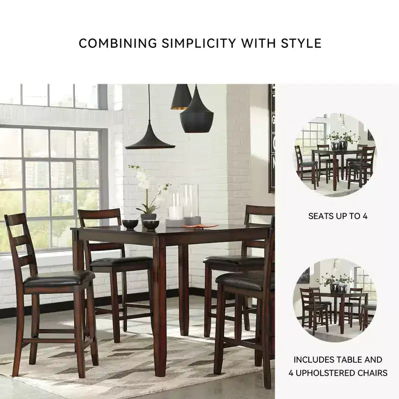 Table de salle à manger hauteur comptoir marron : 5 pièces, chaises en similicuir, cadre en bois