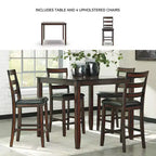 Table de salle à manger hauteur comptoir marron : 5 pièces, chaises en similicuir, cadre en bois
