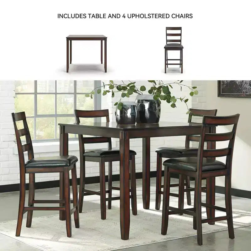 Table de salle à manger hauteur comptoir marron : 5 pièces, chaises en similicuir, cadre en bois