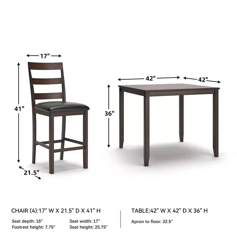 Table de salle à manger hauteur comptoir marron : 5 pièces, chaises en similicuir, cadre en bois
