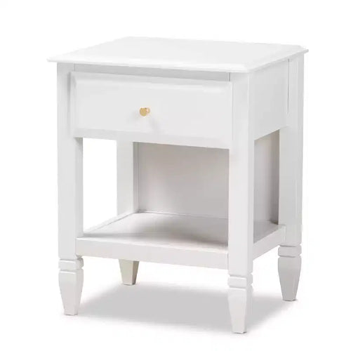 1 Drawer Naomi Wood Bedroom Nightstand White/Gold - Baxton Studio: Glamorous Bedside Table with Gold-Tone Knob & Shelf