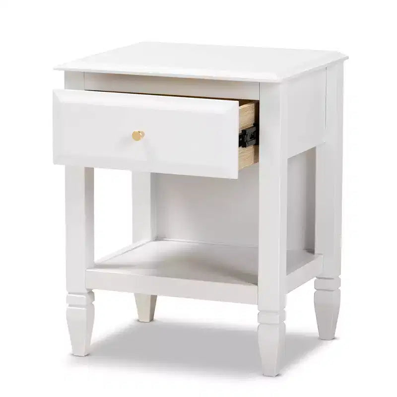 Table de chevet 1 tiroir Naomi en bois pour chambre à coucher blanc/or