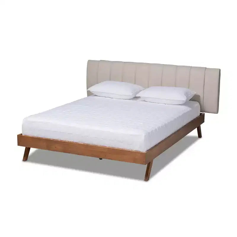 Baxton Studio King Brita Walnut Platform Bed Beige: Modern Upholstered Frame with Headboard