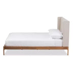 Lit plateforme Brooklyn Mid Century Modern en noyer et tissu rembourré beige