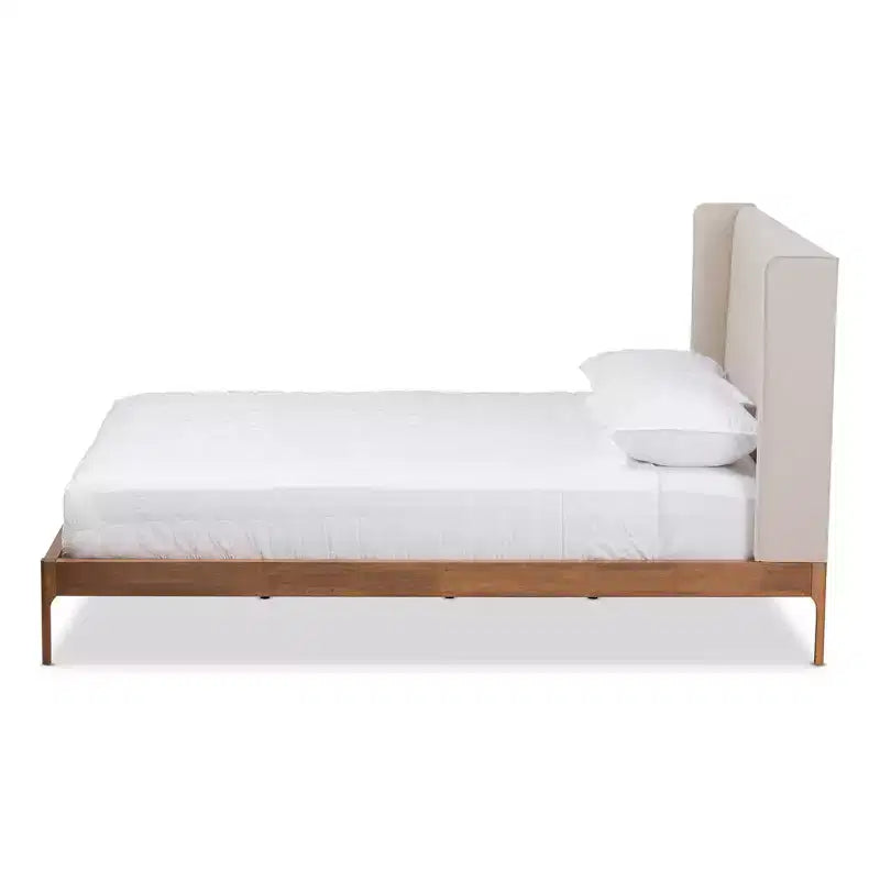 Lit plateforme Brooklyn Mid Century Modern en noyer et tissu rembourré beige