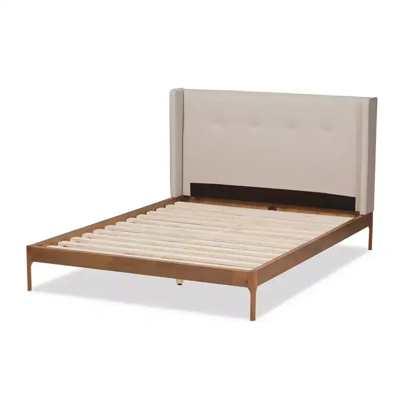 Lit plateforme Brooklyn Mid Century Modern en noyer et tissu rembourré beige