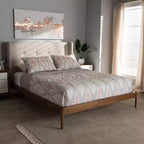 Lit plateforme Brooklyn Mid Century Modern en noyer et tissu rembourré beige
