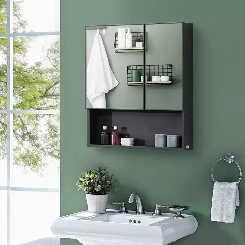 Armoire à pharmacie murale, armoire de toilette avec portes doubles et étagères de rangement, noire