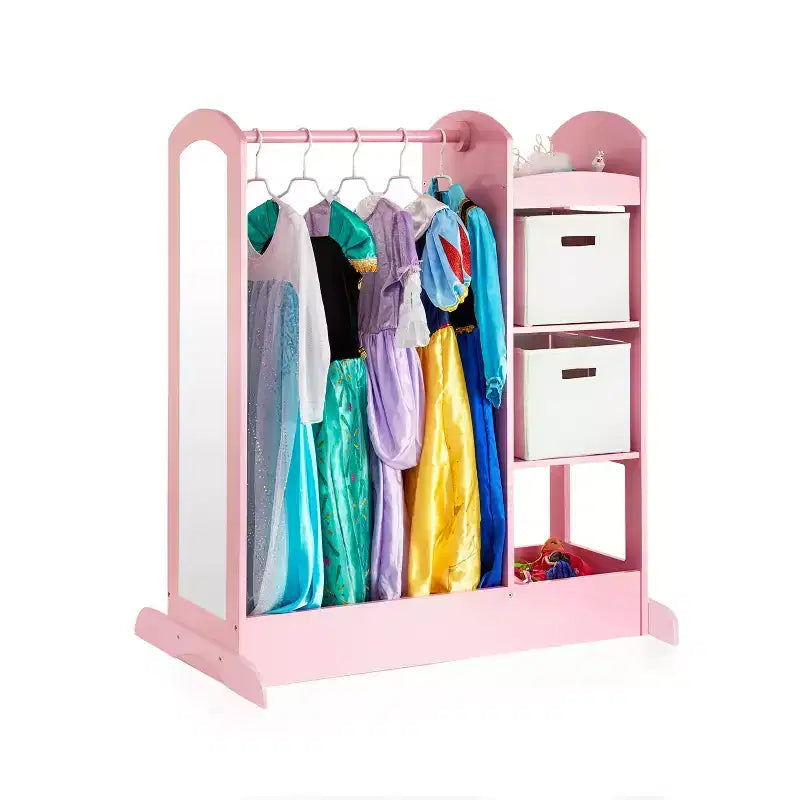 Centre de déguisement « See and Store » : Organisateur de vêtements et de costumes pour enfants, Étagère de rangement suspendue avec miroir et bacs de rangement
