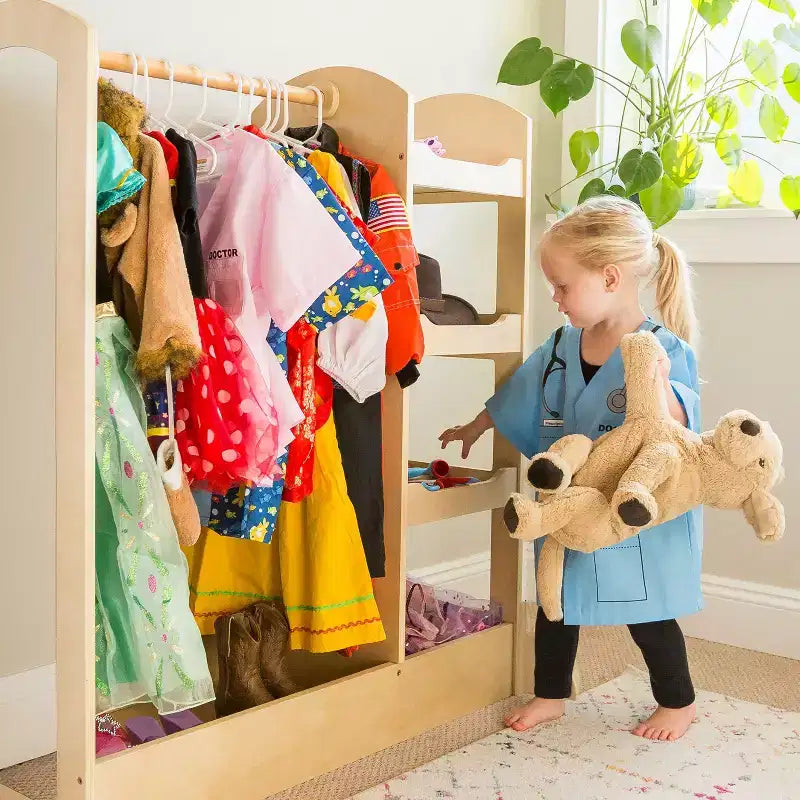 Centre de déguisement « See and Store » : Organisateur de vêtements et de costumes pour enfants, Étagère de rangement suspendue avec miroir et bacs de rangement