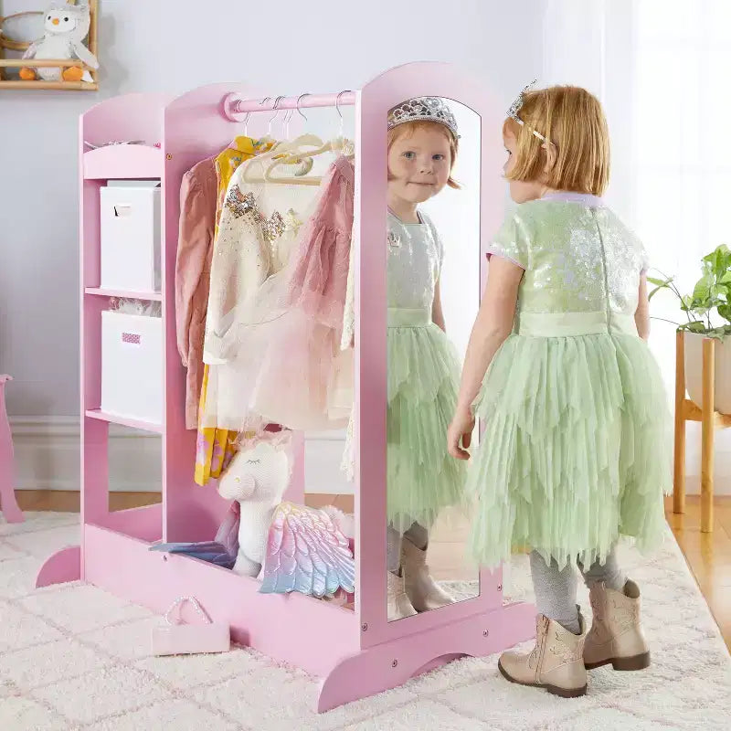 Centre de déguisement « See and Store » : Organisateur de vêtements et de costumes pour enfants, Étagère de rangement suspendue avec miroir et bacs de rangement