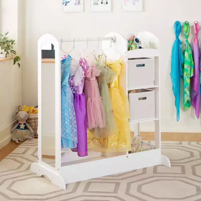 Centre de déguisement « See and Store » : Organisateur de vêtements et de costumes pour enfants, Étagère de rangement suspendue avec miroir et bacs de rangement